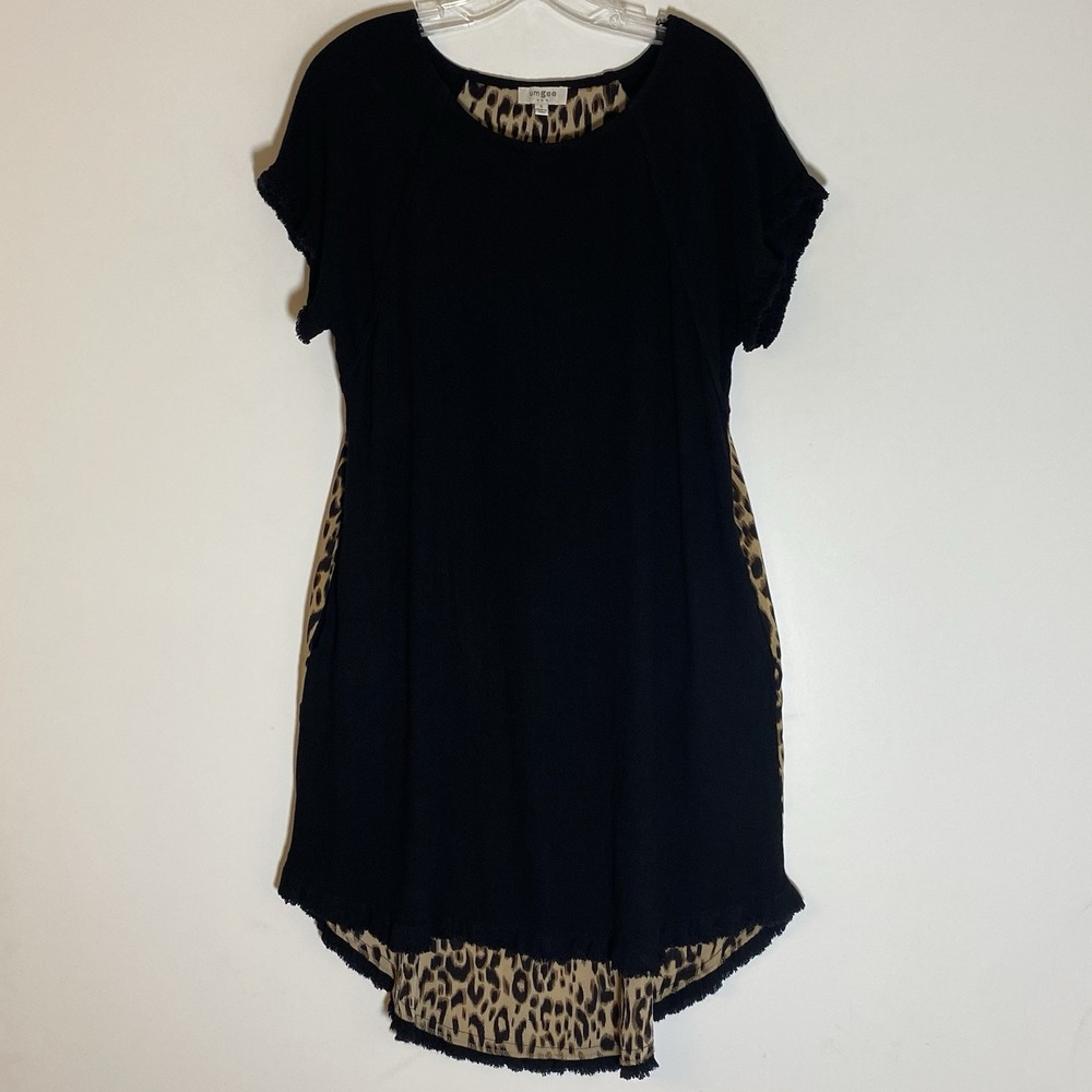 Umgee Dress Womens Small Black Leopard Linen Boho Fringe Hem Pockets Casual Nice